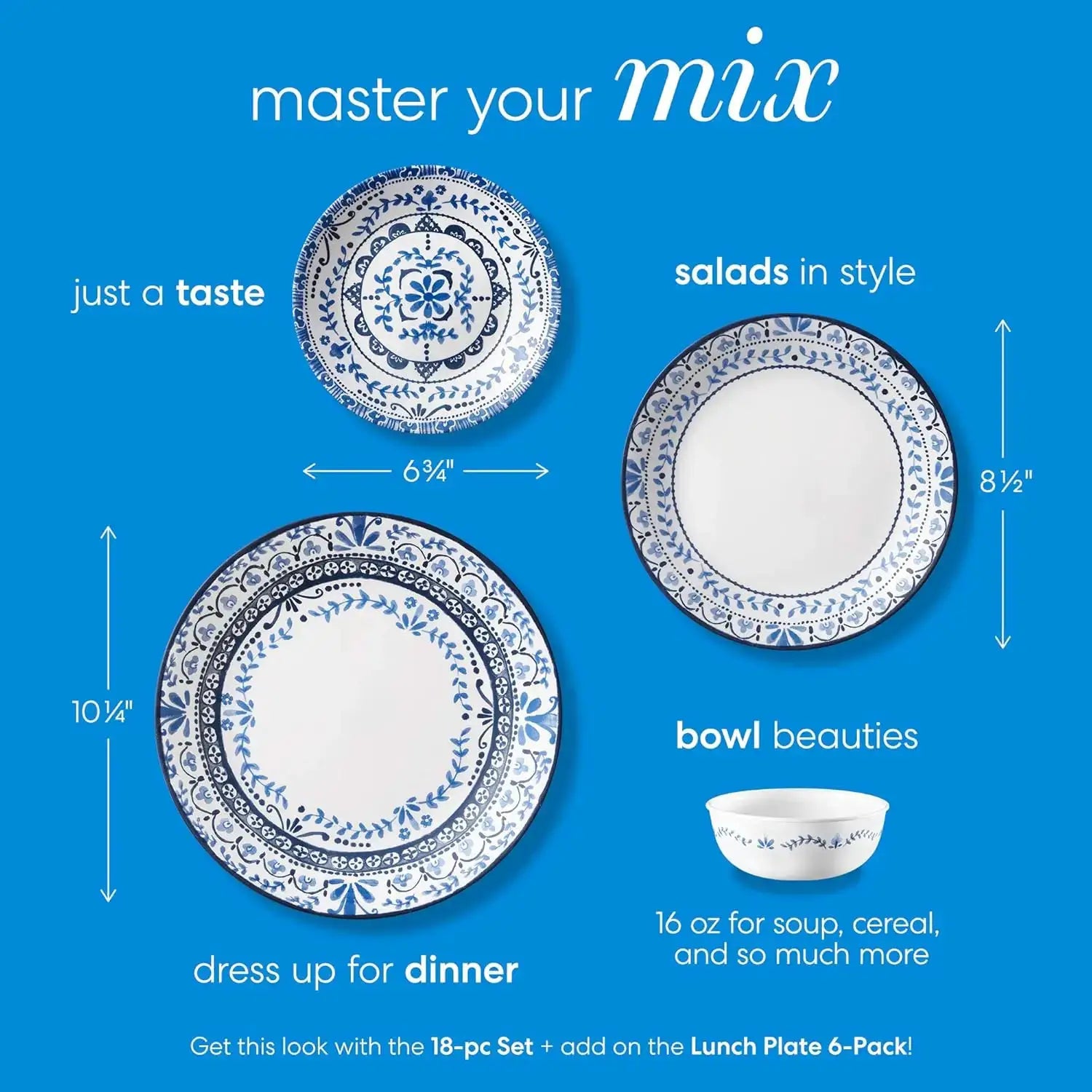 18-Piece Dinnerware Set for 6, Triple Layer Glass, Chip Resistant, Lightweight Round Plates and Bowls, Portofino from PriceLows™