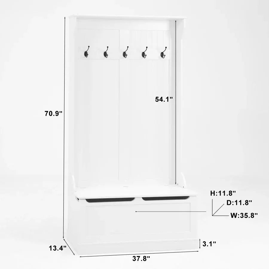 Entryway Bench with Standing Coat Rack Hall Tree with Shoe Storage Bench Entryway Organizer with 5 Hooks White from PriceLows™