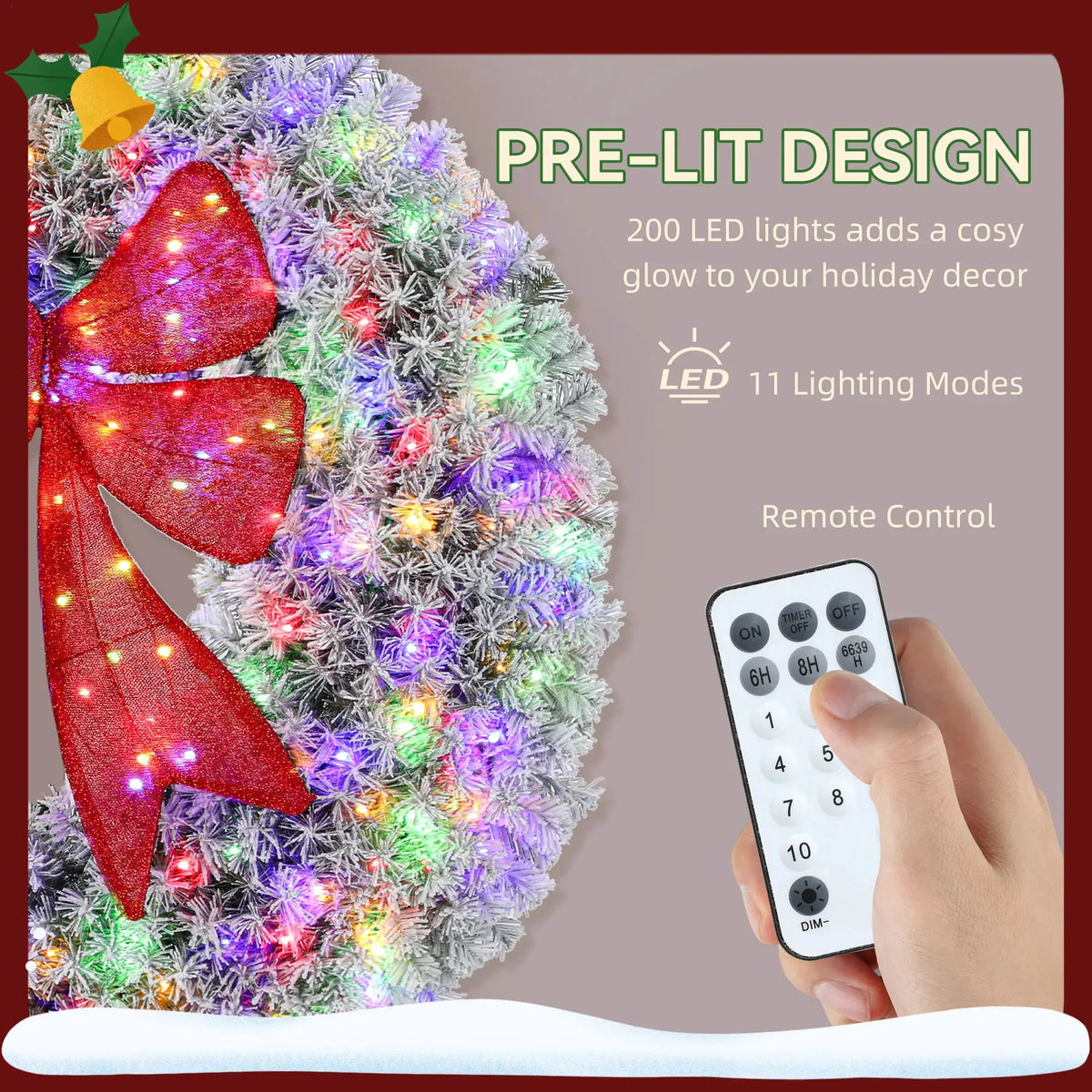 Artificial Christmas Wreath | 48 Inch Flocked | Pre Lit Bulbs | Red Bow Center