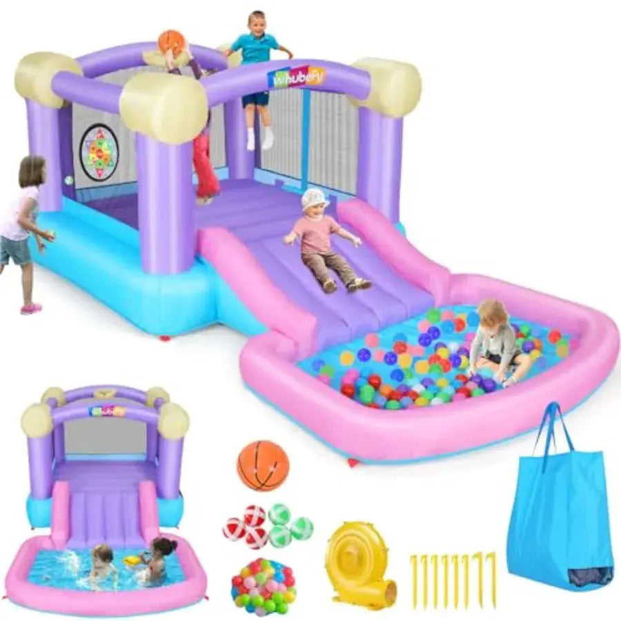 Inflatable Pink Bounce House for 2-8 with Ball Pit, 161x82x63 All-in-ONE Jump and Slide Water Park w/50 Ocean Balls, 6 Dart Tar from PriceLows™