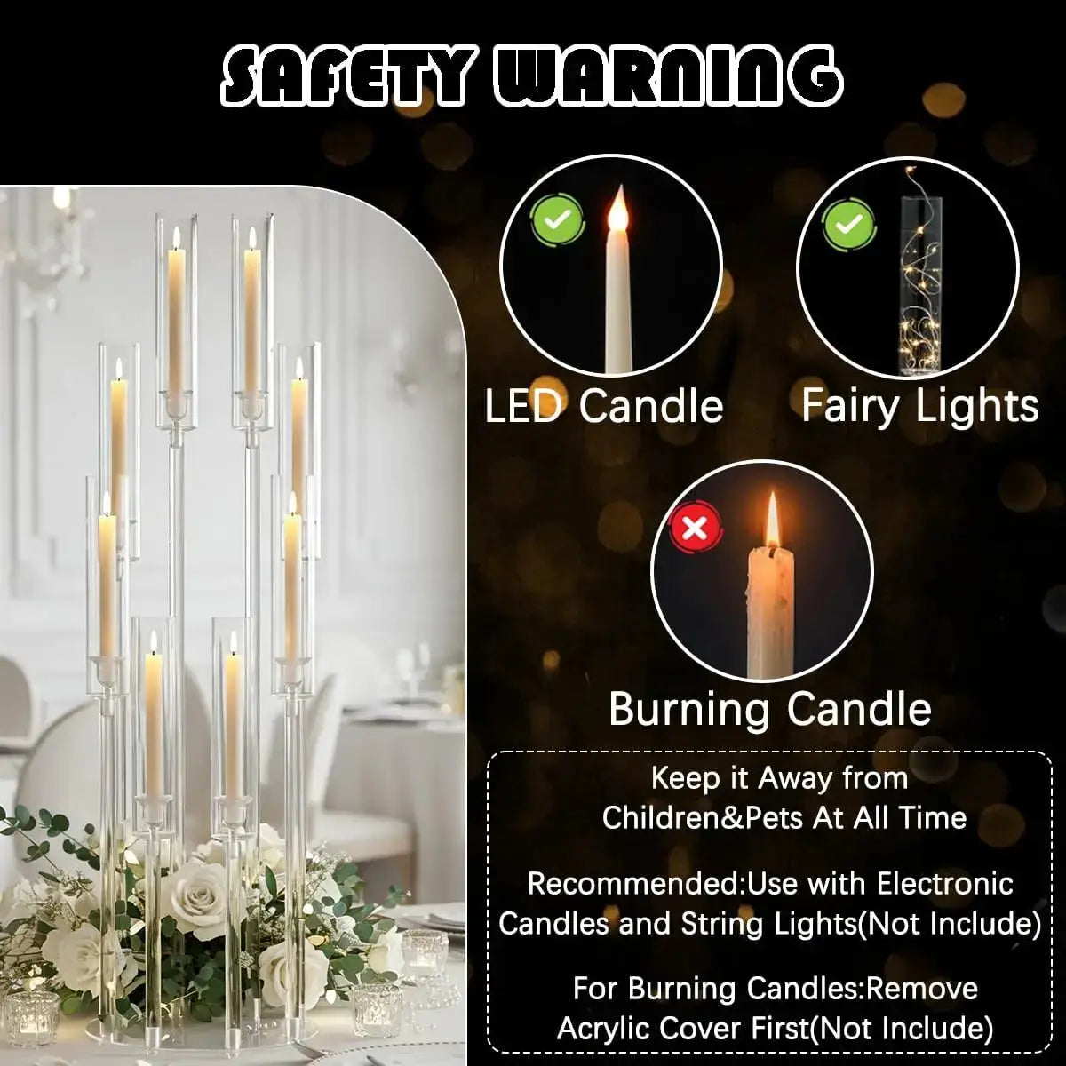 Clear Acrylic Candelabra | 8 Arms | LED Compatible | 10 Pack