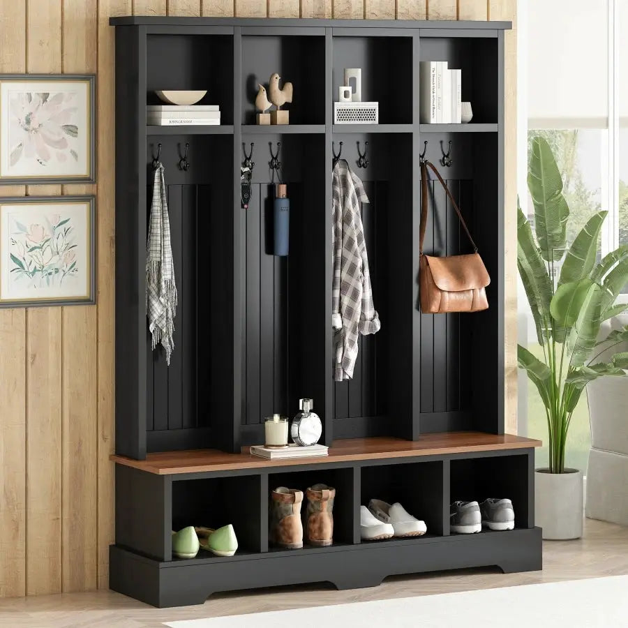 Farmhouse Hall Tree with 8 Hooks Practical Entryway Bench with Open Compartments 76.7"H Modern 3-in-1 Wooden Style Coat and Sho from PriceLows™