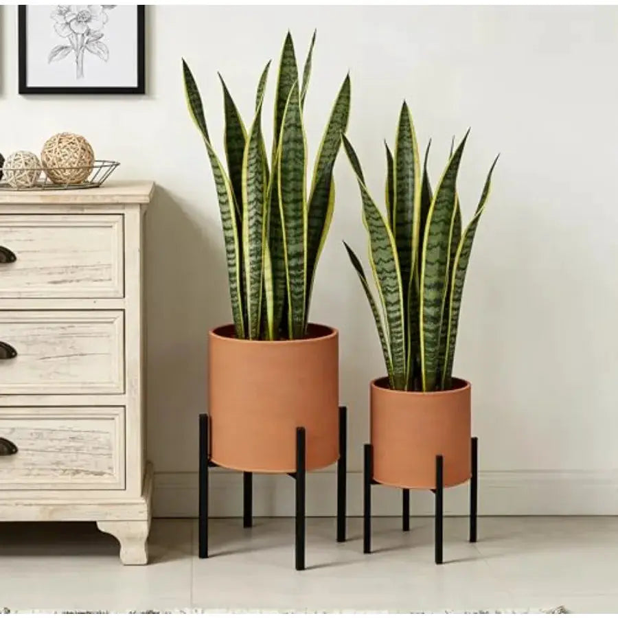 Modern plant pots set of 2 large metal planters with stand for living room office garden or balcony, terracotta color, drainage from PriceLows™