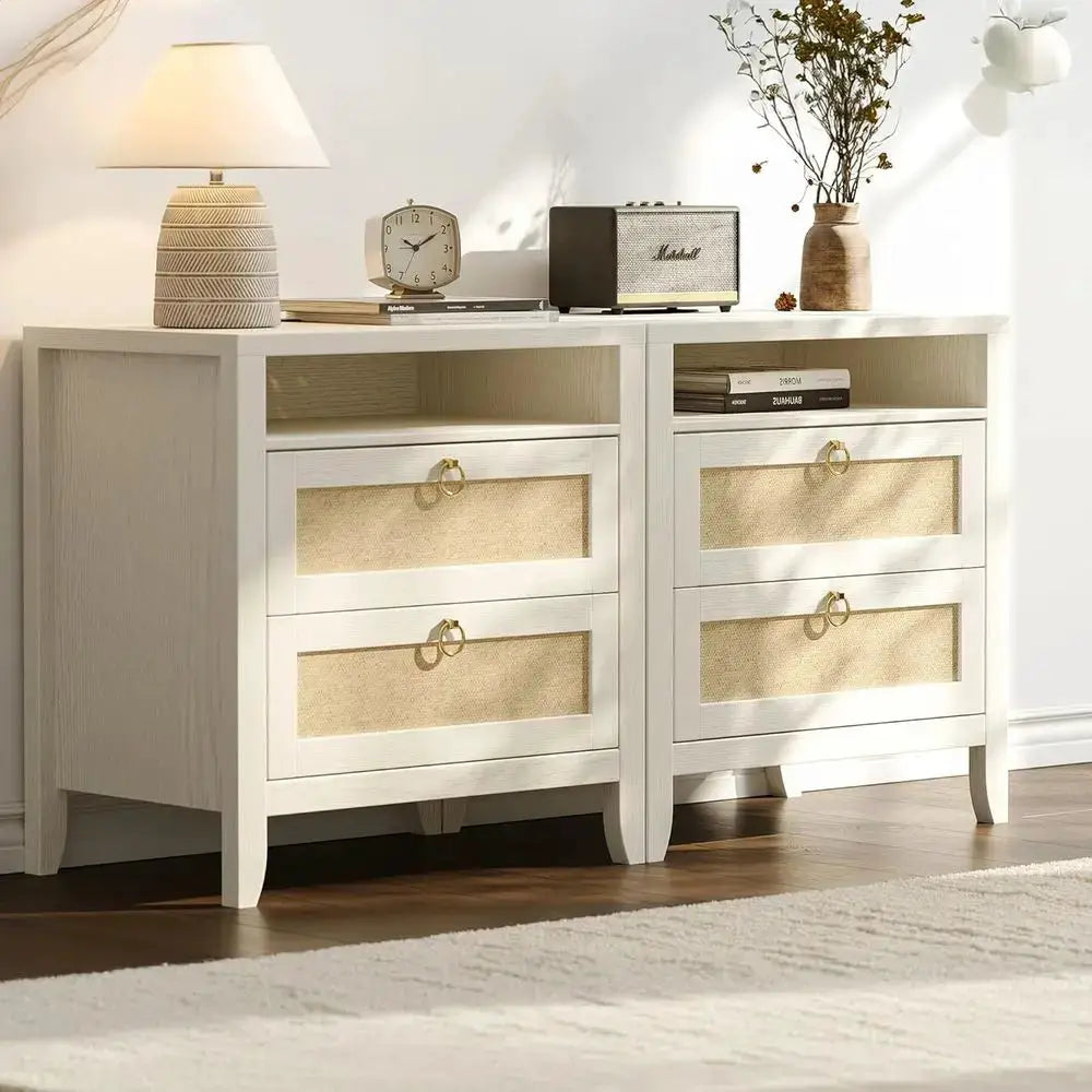 Cream White 2-Piece Rattan Nightstand Set with Charging Stations and Storage for Bedroom from PriceLows™