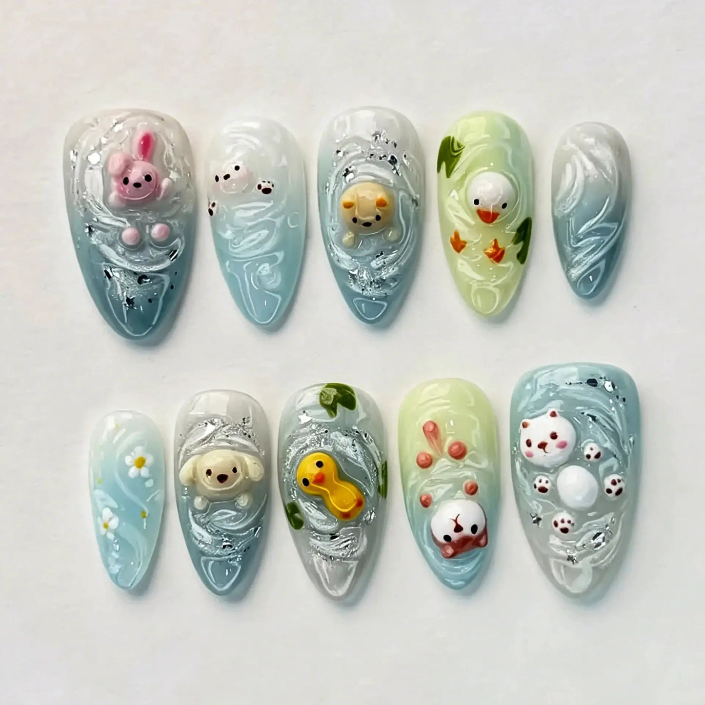 Press On Nails | Almond Shape | Green Lotus Frog Design | 24 Piece Kit