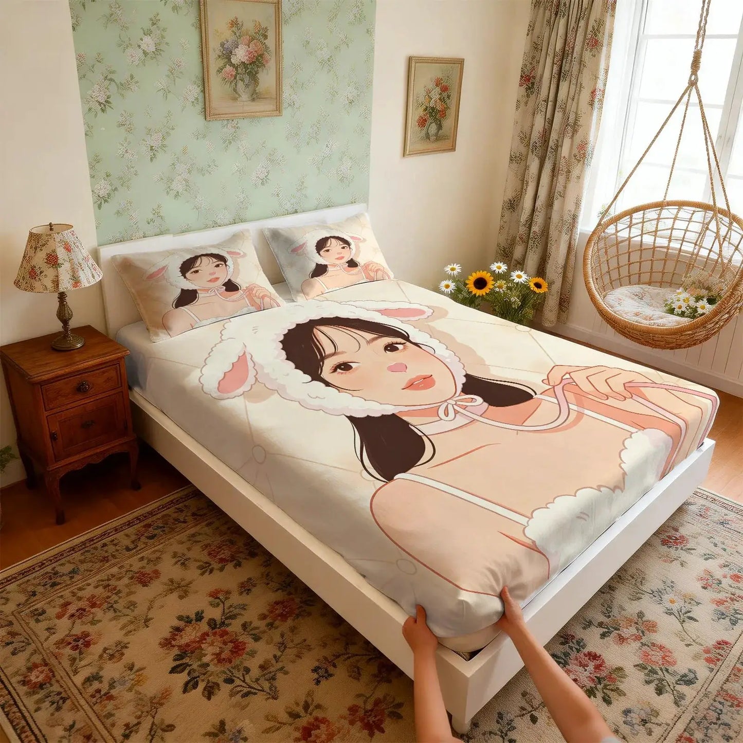 Sweet Animal Ear Girl Cartoon Print Fitted Sheet Set, Elastic Band Bed Cover, Essential for Bedroom Makeover & Gifts from PriceLows™
