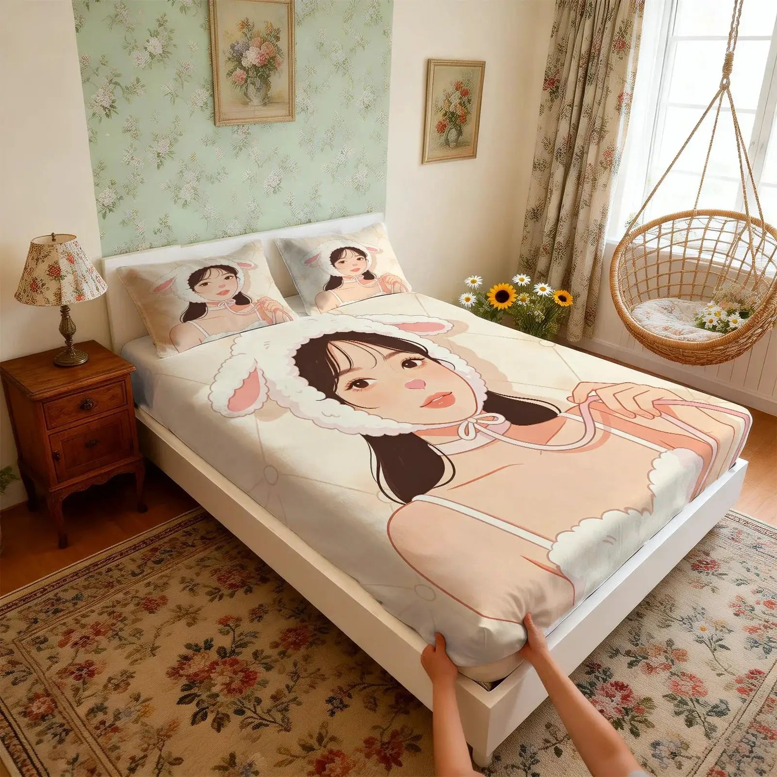 Sweet Animal Ear Girl Cartoon Print Fitted Sheet Set, Elastic Band Bed Cover, Essential for Bedroom Makeover & Gifts from PriceLows™