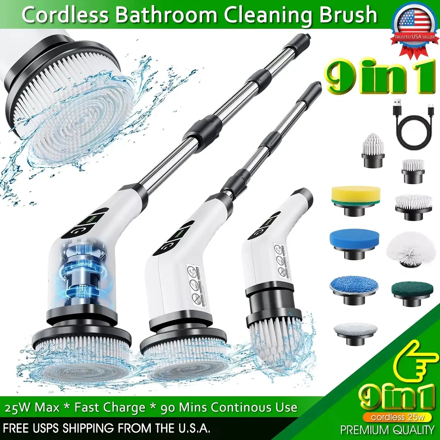 Electric Spin Scrubber | Cordless | 9 Brush Heads | Extendable Handle