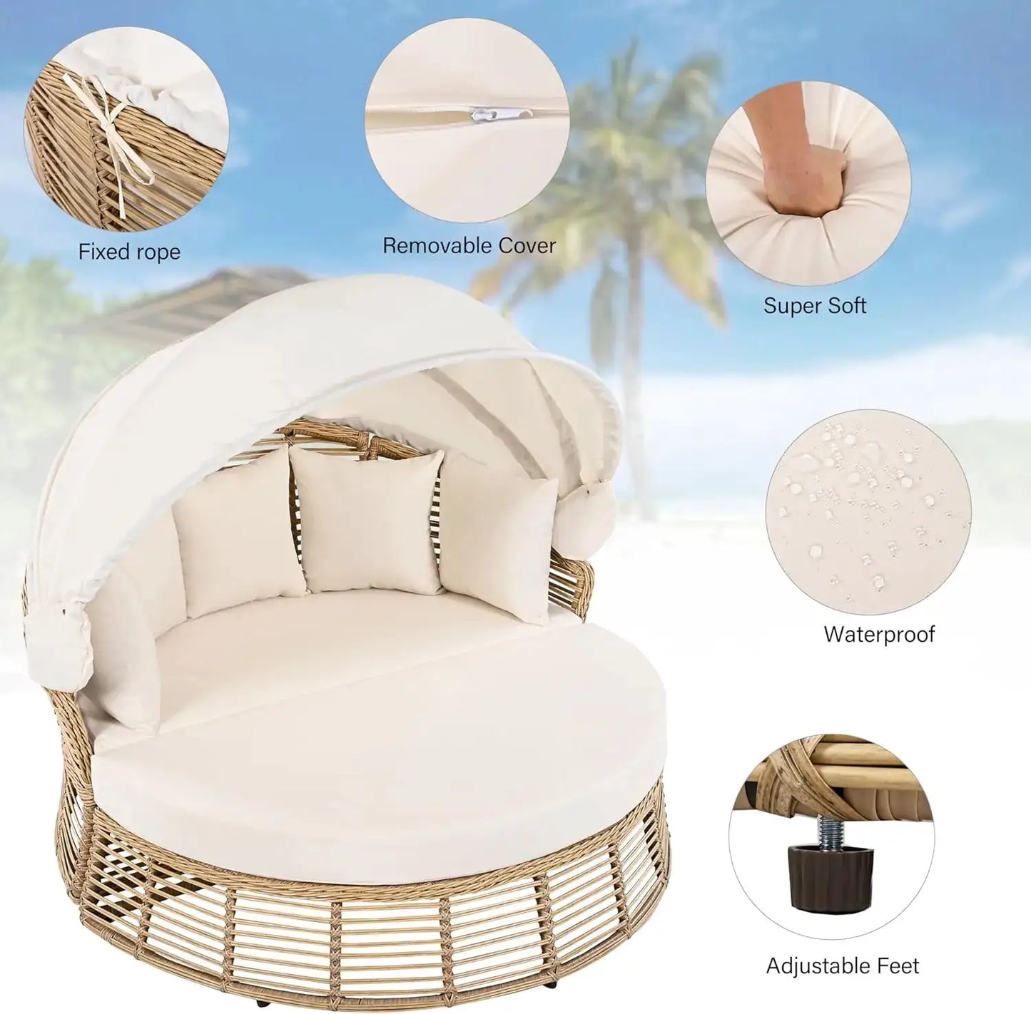 Outdoor Patio Rattan Round Daybed with Retractable Canopy Wicker Furniture Round Poolside Sofa Sunbed with Removable Cushions (B from PriceLows™