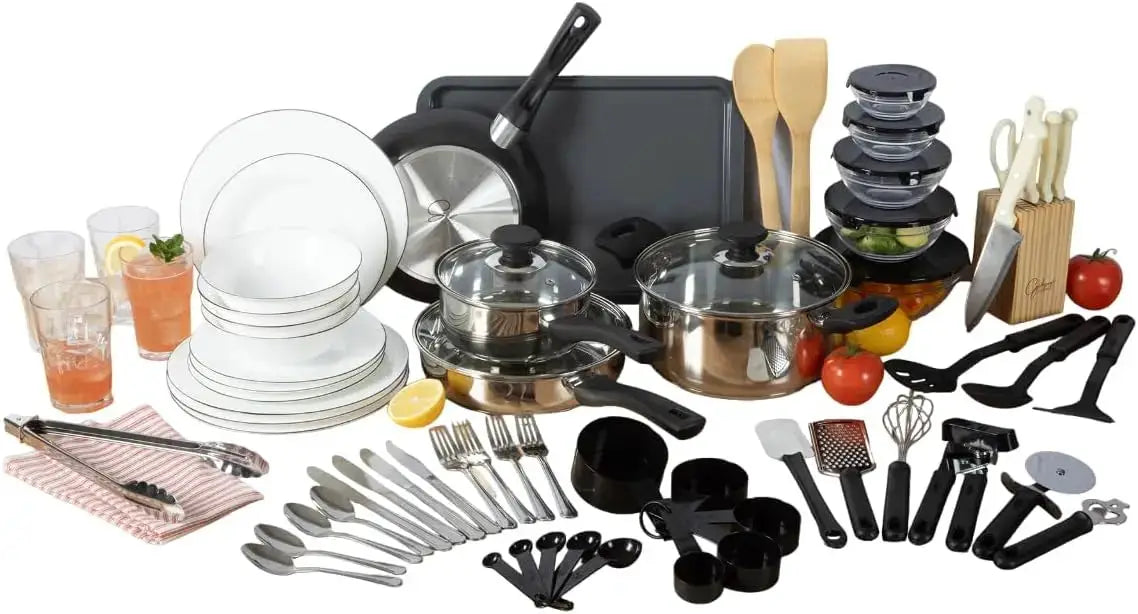 74-Piece Kitchen in a Box Set Pots and Pans Cookware Dinnerware Flatware Utensils Glasses from PriceLows™