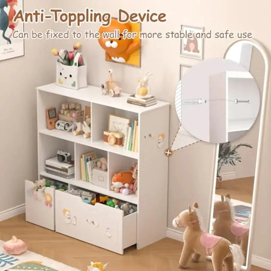 Toy Storage Organizer with 2 Movable Drawers 3-Shelf Bookcase 's Toy Chest Cabinet for Playroom Bedroom Daycare Nursery School from PriceLows™
