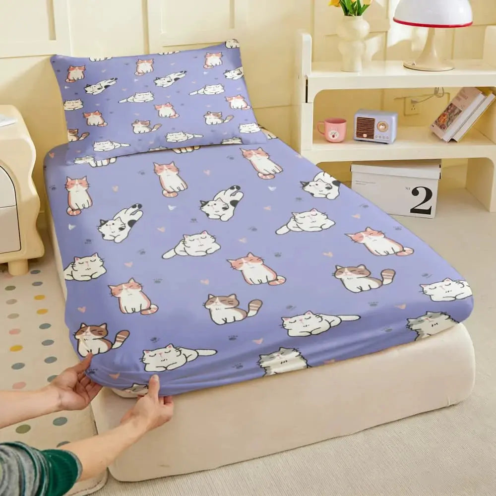 1pc Cute Cartoon Cats Print Fitted Sheet Deep Pocket Elastic Mattress Cover Single Double Queen King Bedroom Decor from PriceLows™