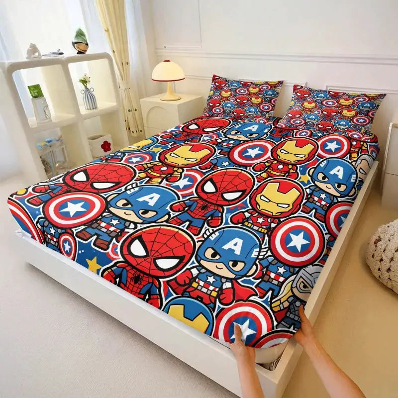 Cute Chibi Marvel Heroes Fitted Sheet Set Bed Sheet Set Bedding Set No Fillers for Teens Bedroom Living Room Decor from PriceLows™