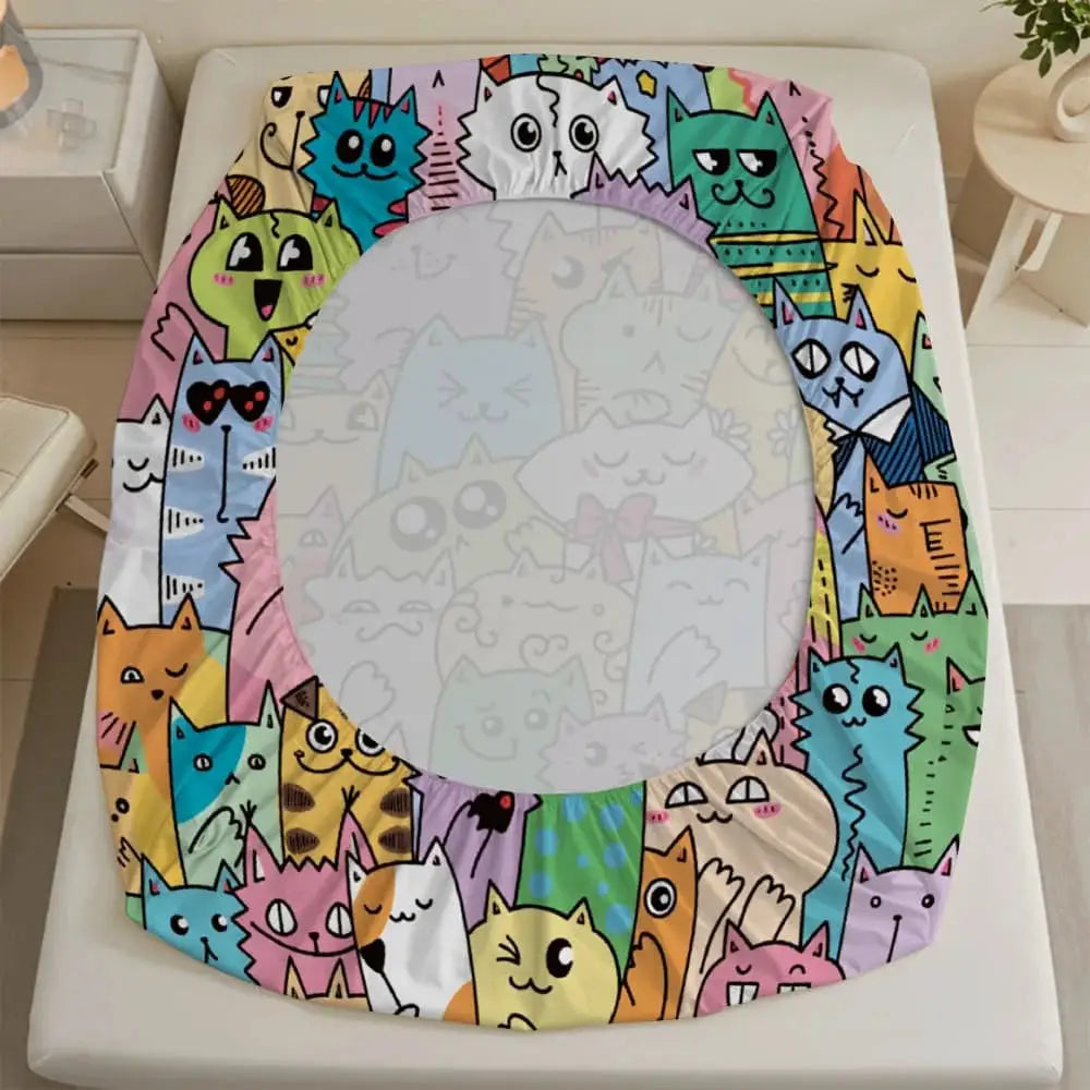 1pc Colorful Cartoon Cat Doodle Print Fitted Sheet Deep Pocket Elastic Mattress Cover Single Double Queen King Bedroom Decor from PriceLows™