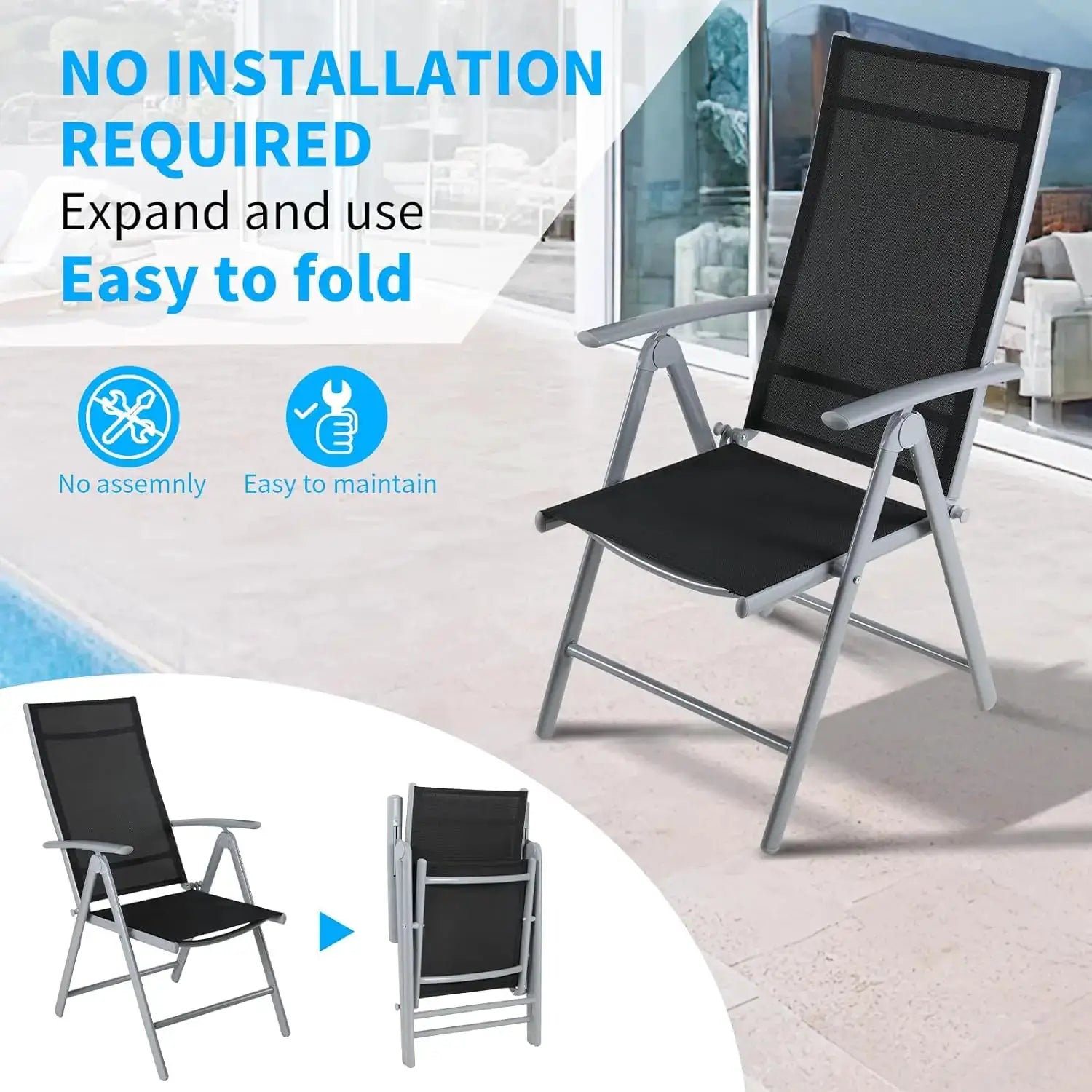 2PCS Foldable Lounge Chair Patio Folding Dining Chairs Aluminum Padded Adjustable High Back Lightweight Lawn Chair, Load 120kg from PriceLows™