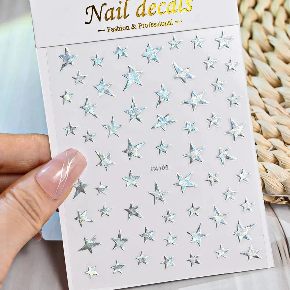 3D Bronzing Laser Silver Irregular Star Nail Decals Metallic Effect Silver Pentagram Nail Decals Adhesive Nail Art Star Stickers from PriceLows™