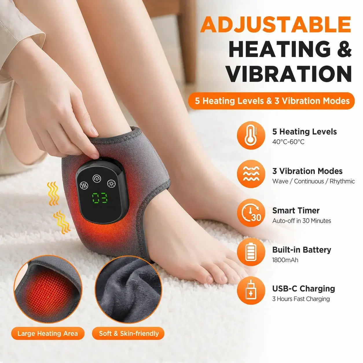 Cordless Heated Ankle Massager | 5 Heat Settings | 3 Vibration Modes