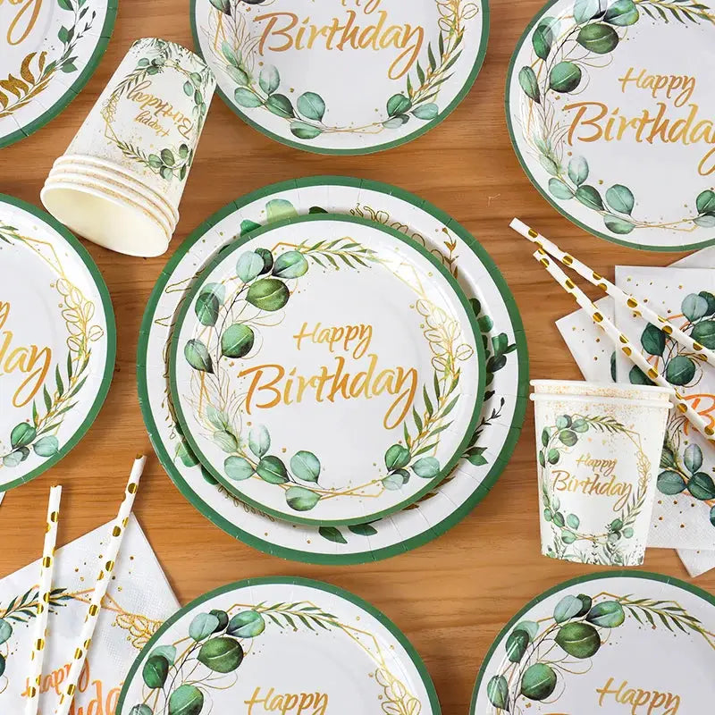 Eucalyptus Leaf Tableware Set | Paper Plate Cups Napkins | Kids And Adults Party Supplies