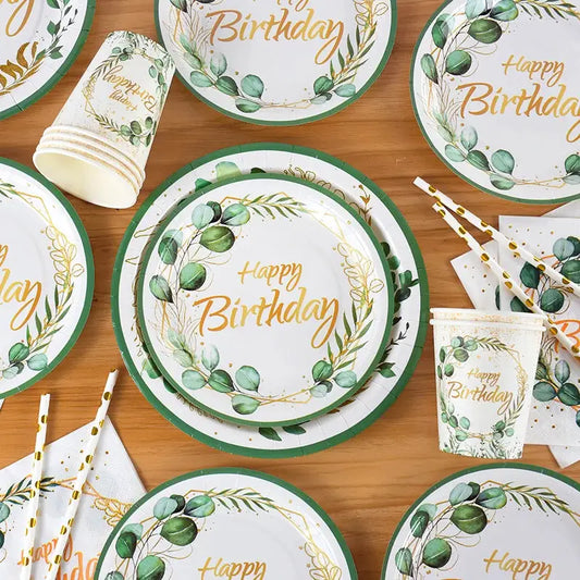 Eucalyptus Leaf Tableware Set | Paper Plate Cups Napkins | Kids And Adults Party Supplies
