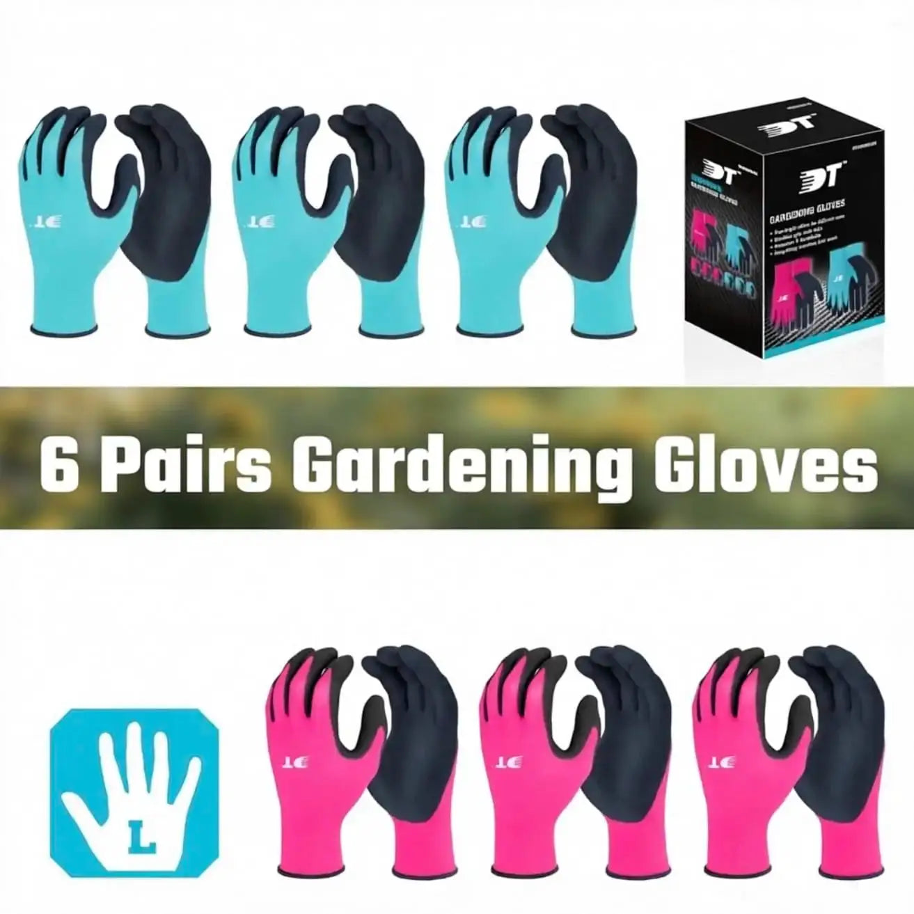 6 Pairs Pink & Blue Large Garden Gloves with Latex Coating for Gardening and Yard Work from PriceLows™