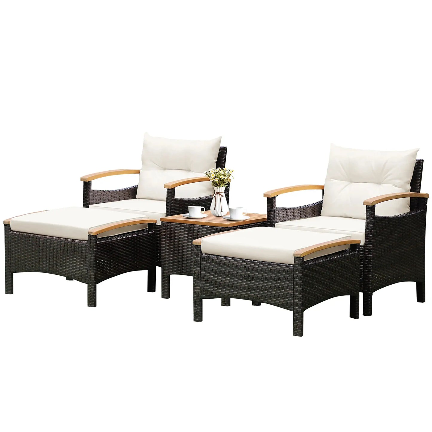 5PCS Patio Rattan Furniture Set Sofa Ottoman Cushioned Table W/Wood Top from PriceLows™