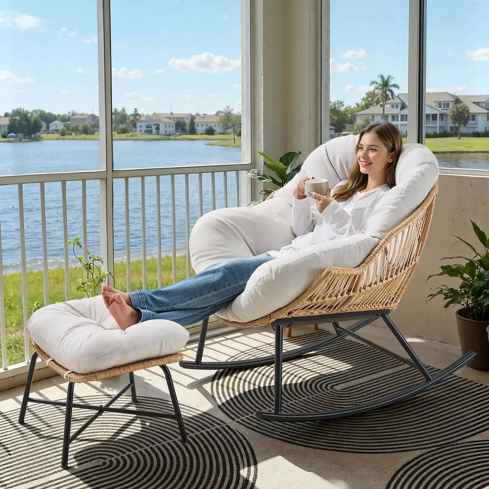 Grey Rattan Papasan Rocking Chair with Ottoman, Oversized Wicker Egg Patio Chair Indoor & Outdoor Lounge Rocker Chair for Garden from PriceLows™