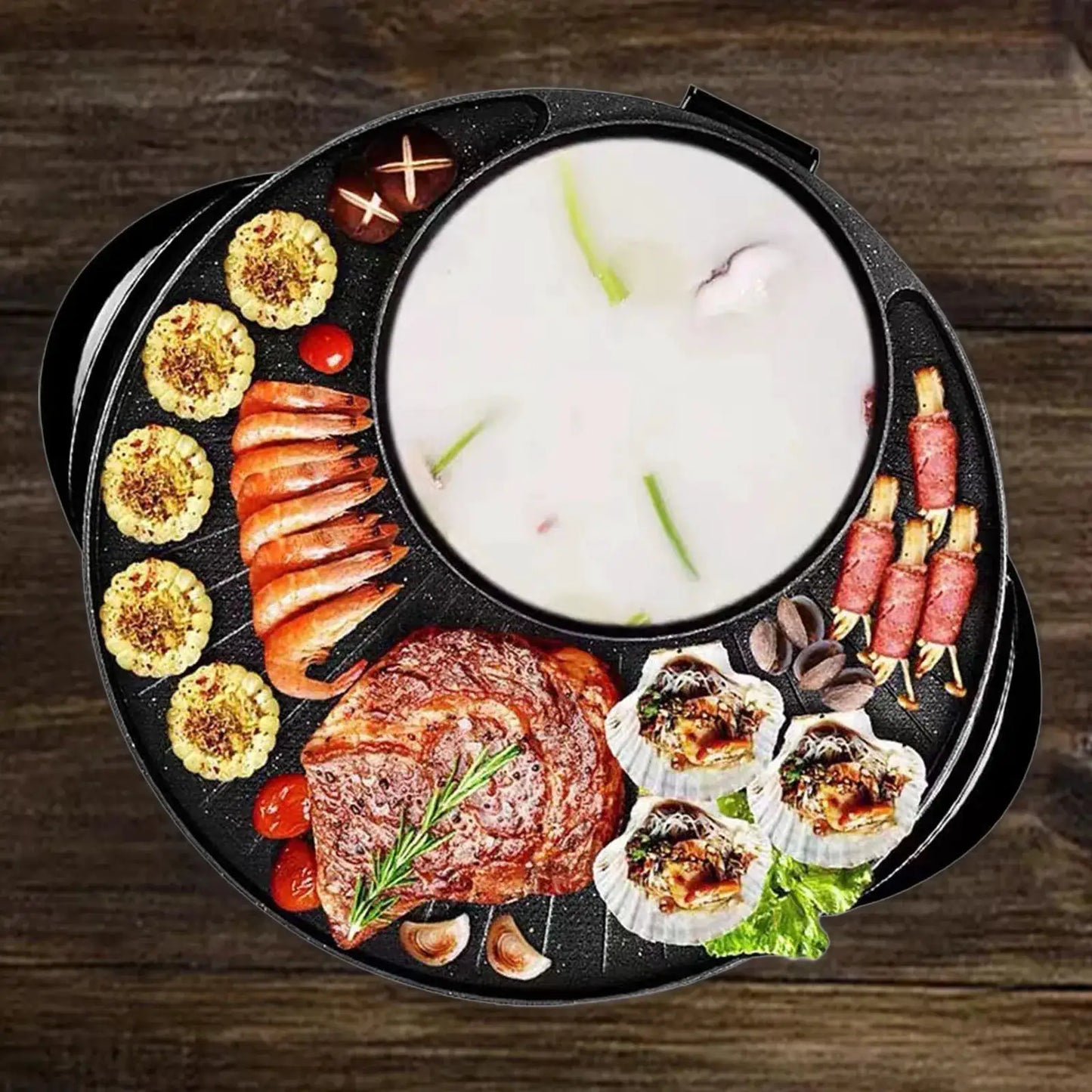 Electric Grill | 2 In 1 Grill With Hot Pot | Nonstick Surface | Portable Round