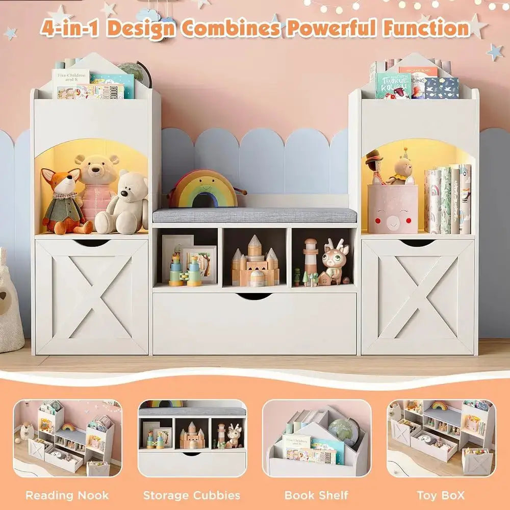 White Kids Castle-Shaped Bookshelf with Reading Nook, Storage, Seat Cushion, LED Lights, and 3 Movable Desks for Playroom or Bed from PriceLows™