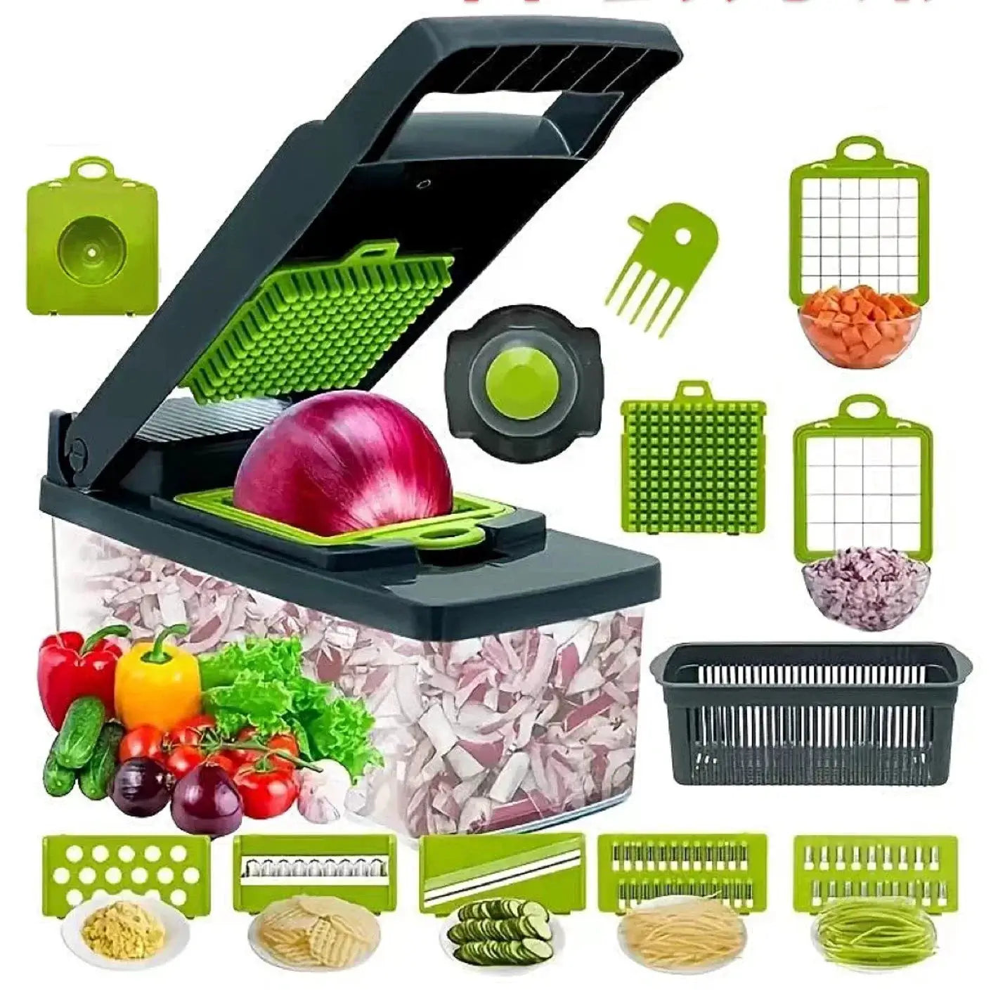 Vegetable Chopper | 14 In 1 Functionality | Stainless Steel Blades | 14 In 1