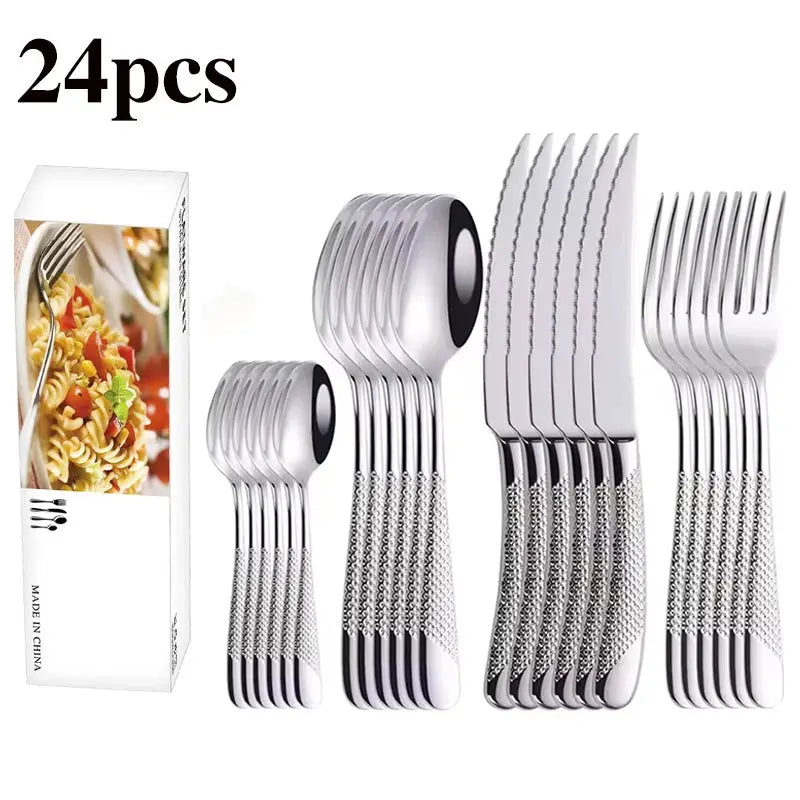 24pcs stainless steel tableware set, including knife, fork, spoon and dessert spoon, is a good holiday gift. from PriceLows™