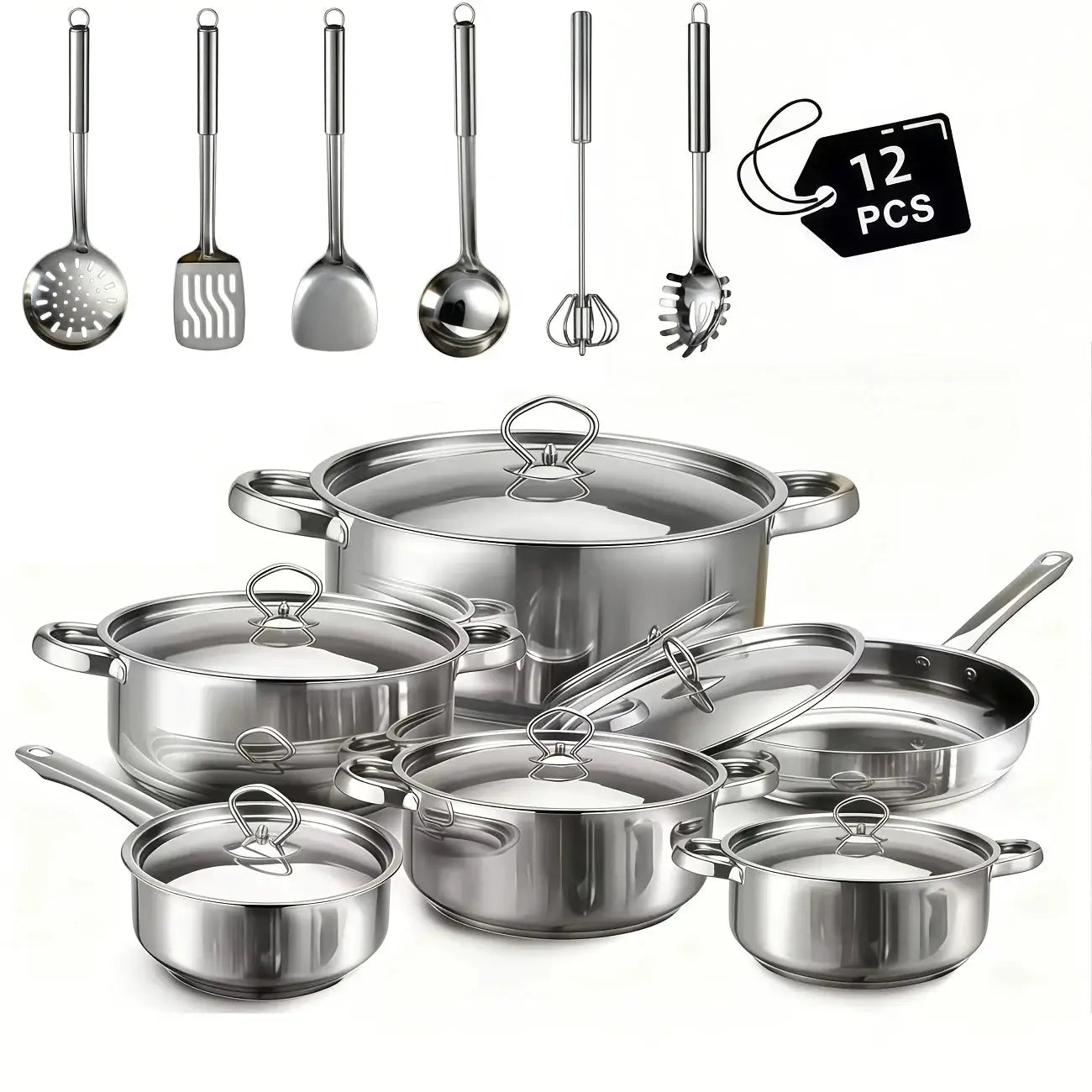 Cookware Set with Lids - 12pcs Stainless Steel Kitchen Cookware Set, Includes 6 Pots, 6 Bowls,5 Lids, 6 Utensils,Dishwasher Safe from PriceLows™