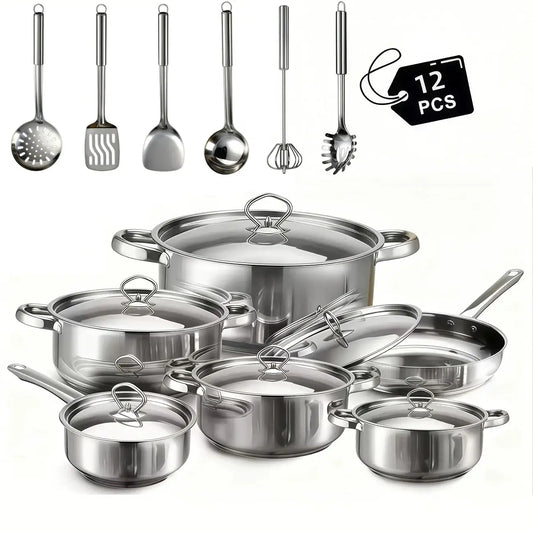 Cookware Set with Lids - 12pcs Stainless Steel Kitchen Cookware Set, Includes 6 Pots, 6 Bowls,5 Lids, 6 Utensils,Dishwasher Safe from PriceLows™