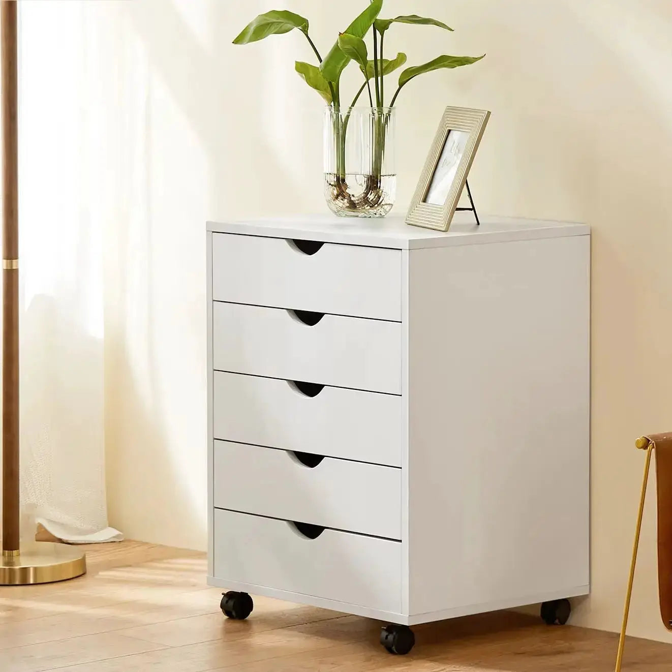JHK Wood Nightstand Cabinet 5 Drawers Waterproof Surface Storage Organizer File Office Easy To Move Bedside Table Rotating Wheel from PriceLows™