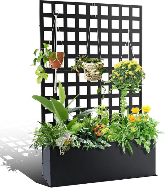 Metal Raised Garden Bed with Trellis, Privacy Planter with Privacy Screen & Drainage Holes, Outdoor Planter Box Standing from PriceLows™