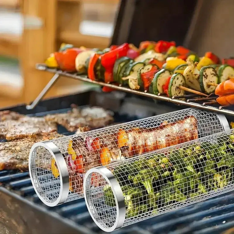 Grill Baskets | Stainless Steel Round Mesh | Rotating | 2 Pack