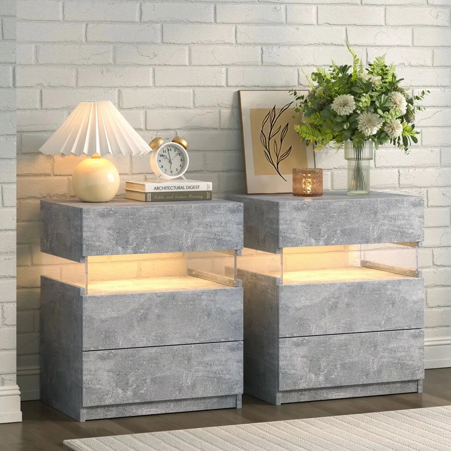 Cubehom Bedside Tables 2 Set with LED Lighting White Bedside Table with 3 Drawers Bedside Table for Bedroom from PriceLows™