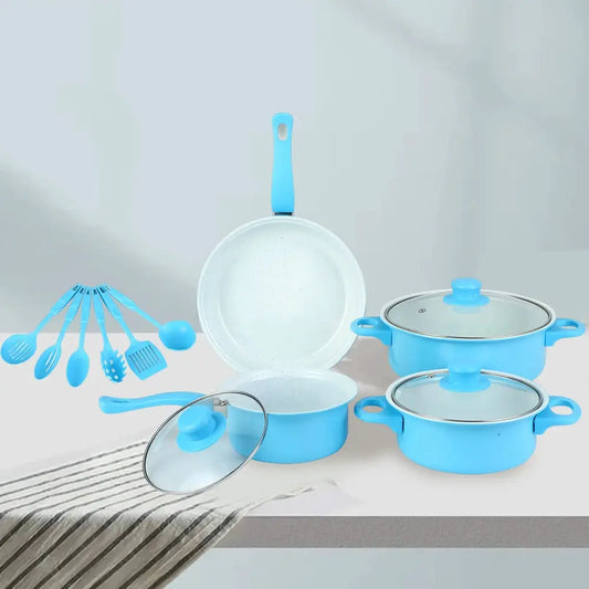 12Pcs Non Stick Cookware Set Cooking Pot with Lid Deep Frying Pan Milk Pot Maifan Stone Frying Pan for All Types of Cooker from PriceLows™