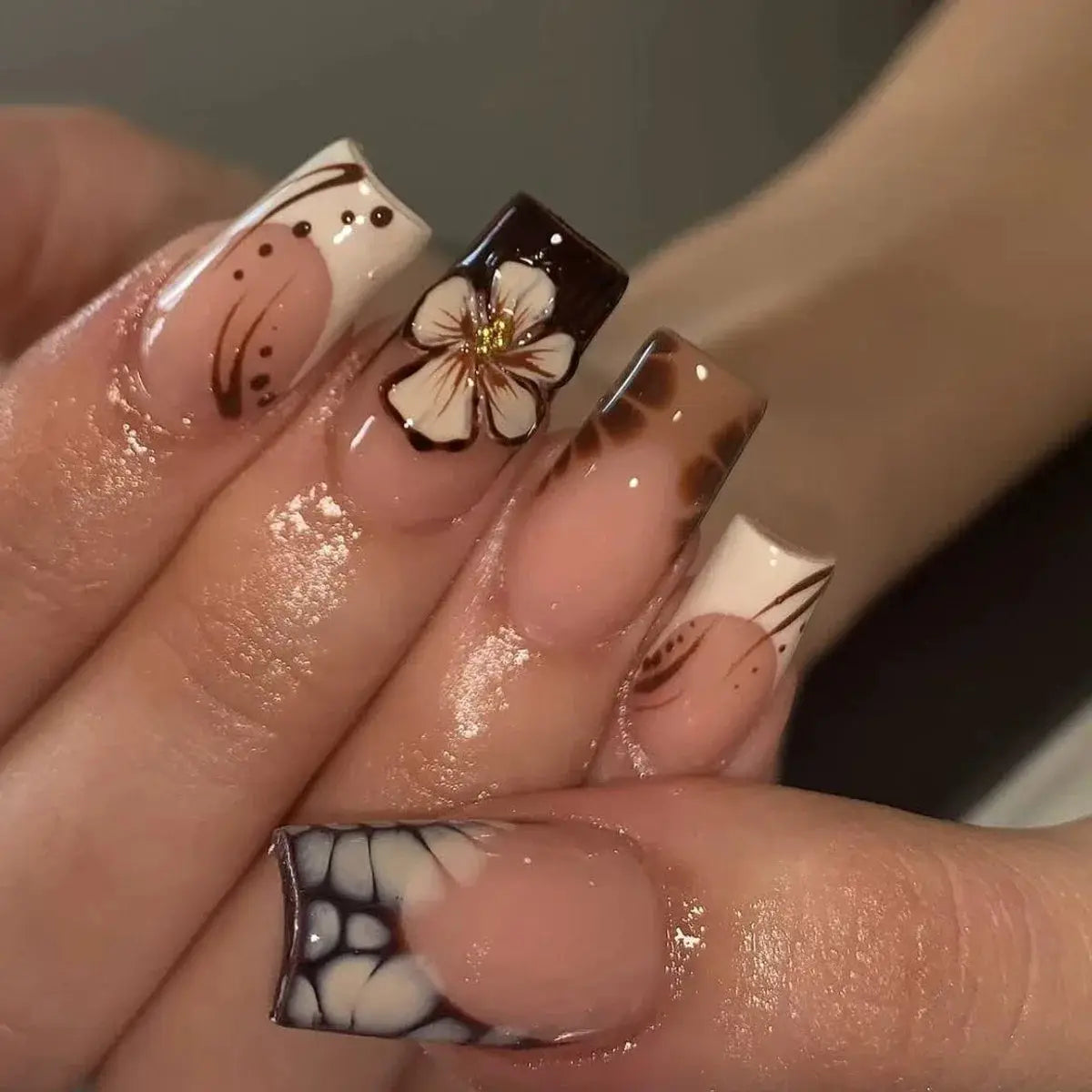 Press On Nails | Resin Coffin Shape | French Floral Print | 24 Pieces