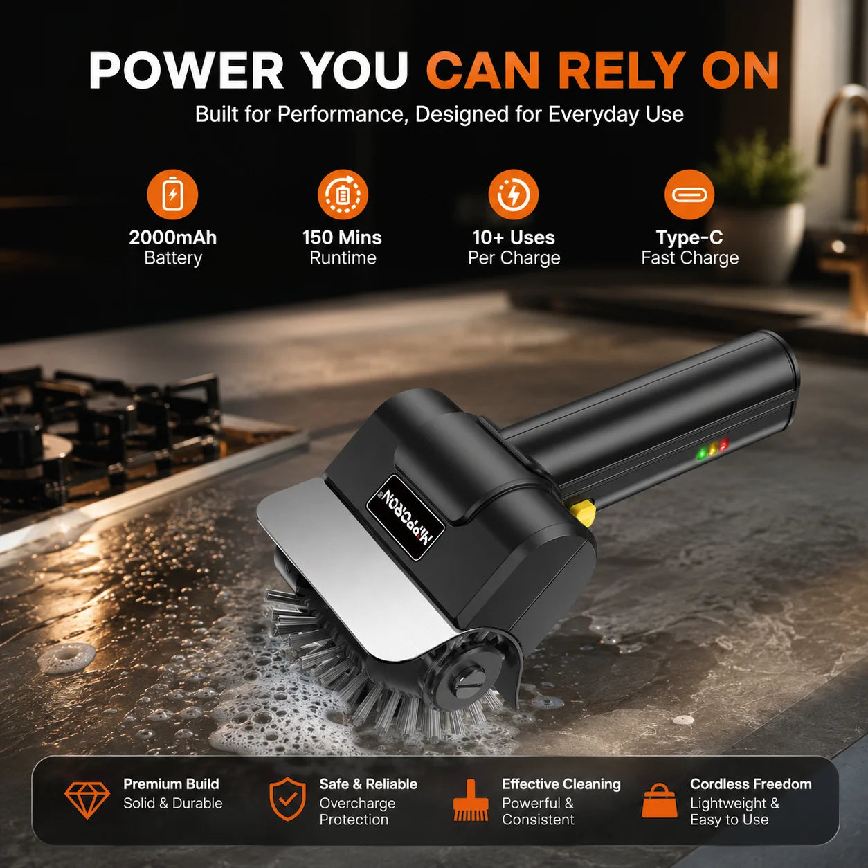 Electric Grill Brush | Rechargeable | 1100 RPM | 304 Stainless Steel