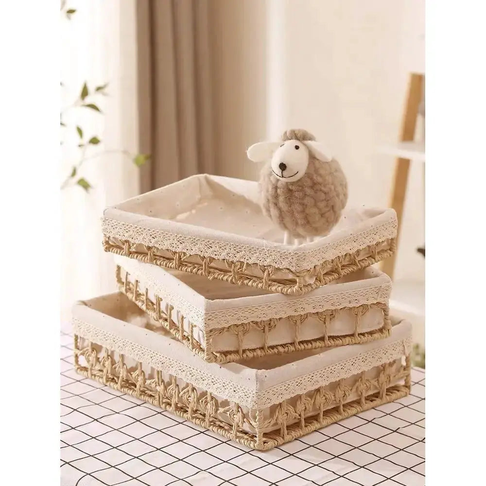 Desktop Storage Box Cosmetics Key Snacks Coffee Table Sundries Rattan Weaving Basket With Lid For Living Room Foyer Home Use, B from PriceLows™