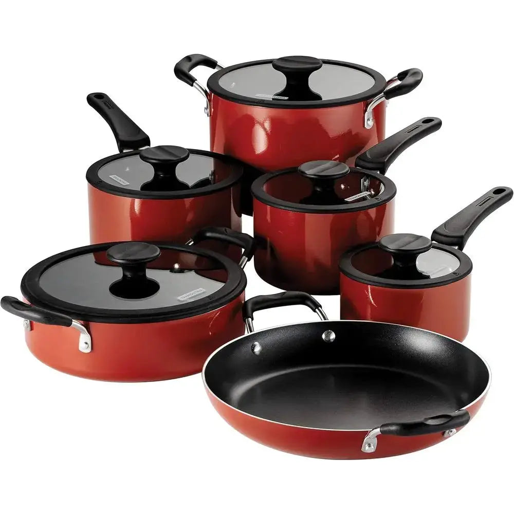 Red 11Pcs Nesting Aluminum Non Stick Pots Pans Set With Lids Dishwasher Oven Safe Kitchen Cookware from PriceLows™