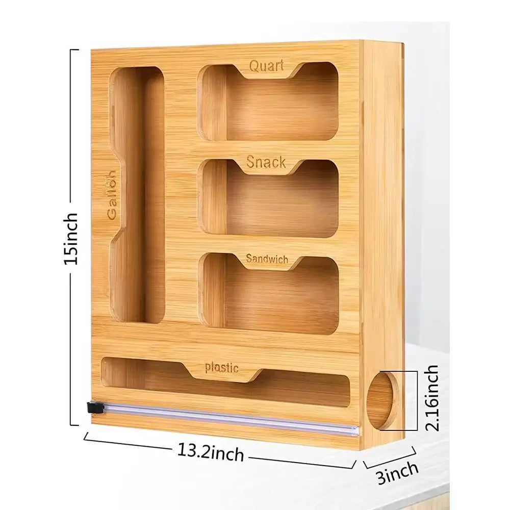 Bamboo Ziplock Bag Holder | Wall Mount Rack | Cutter Dispenser