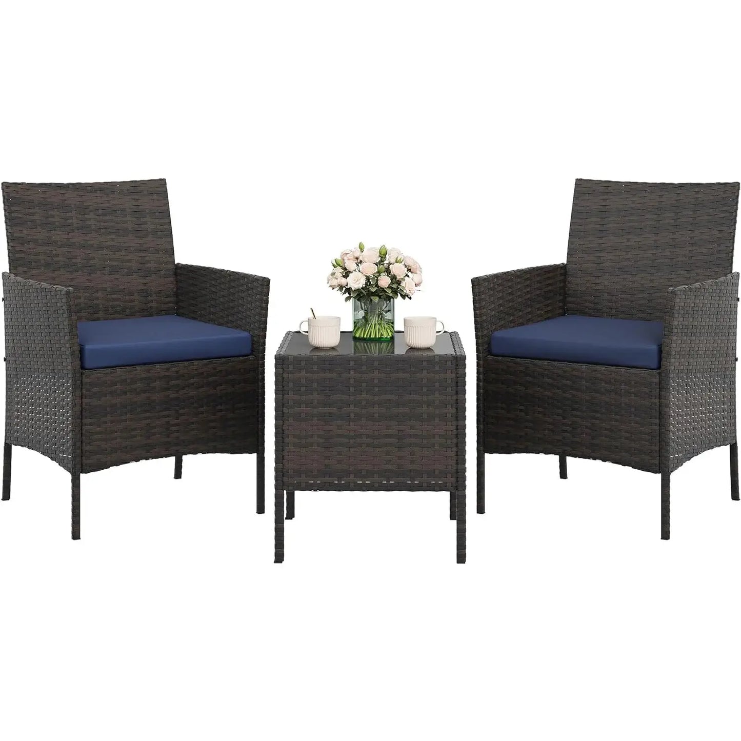 3 Piece Outdoor Patio Furniture Set, PE Rattan Wicker Chairs with Soft Cushions, Tempered Glass Coffee Table, All Weather Conversation Set for Garden Porch Poolside Balcony from PriceLows™