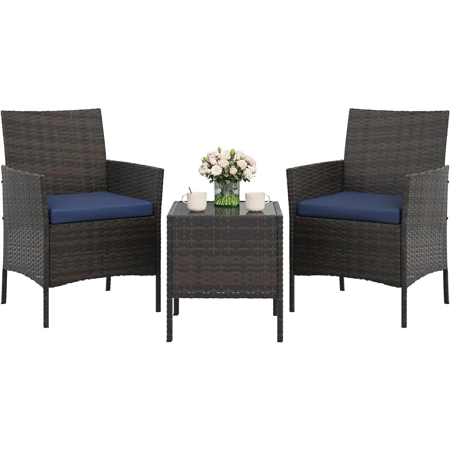3 Piece Outdoor Patio Furniture Set, PE Rattan Wicker Chairs with Soft Cushions, Tempered Glass Coffee Table, All Weather Conversation Set for Garden Porch Poolside Balcony from PriceLows™