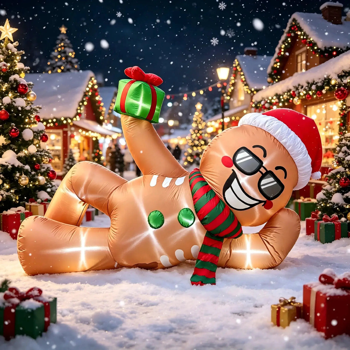 Christmas Inflatable Lying Gingerbread Man | Sunglasses | 9.5 FT LED Lights