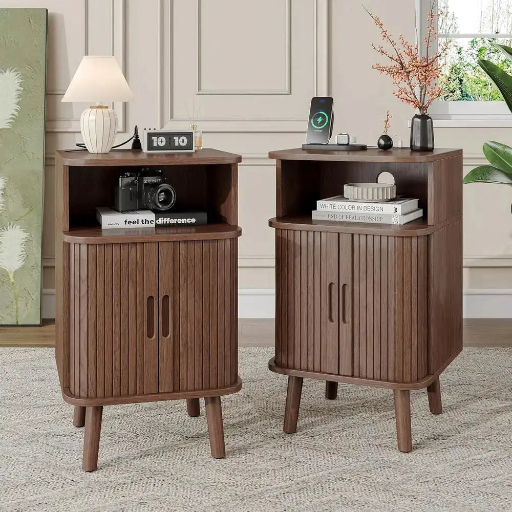 2-Piece Nightstand Set with Charging Station, Modern Walnut End Tables, Curved Edge Wood Side Table from PriceLows™