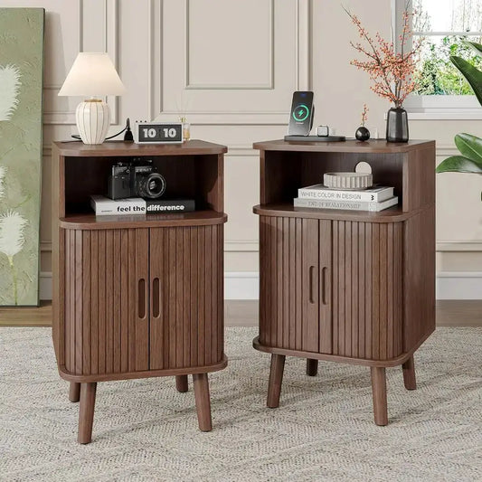2-Piece Nightstand Set with Charging Station, Modern Walnut End Tables, Curved Edge Wood Side Table from PriceLows™