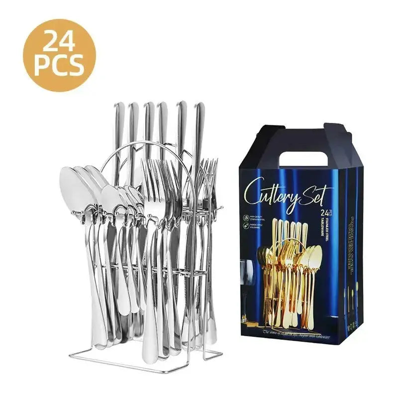 Stainless Steel Steak Cutlery Set with Gift Box, 24 Piece Western Knife Fork Spoon Household Tableware from PriceLows™