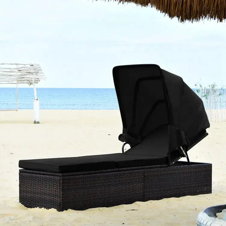 Rattan Reclining Chaise Lounge Chair Outdoor Patio Black Cushions Folding Canopy from PriceLows™