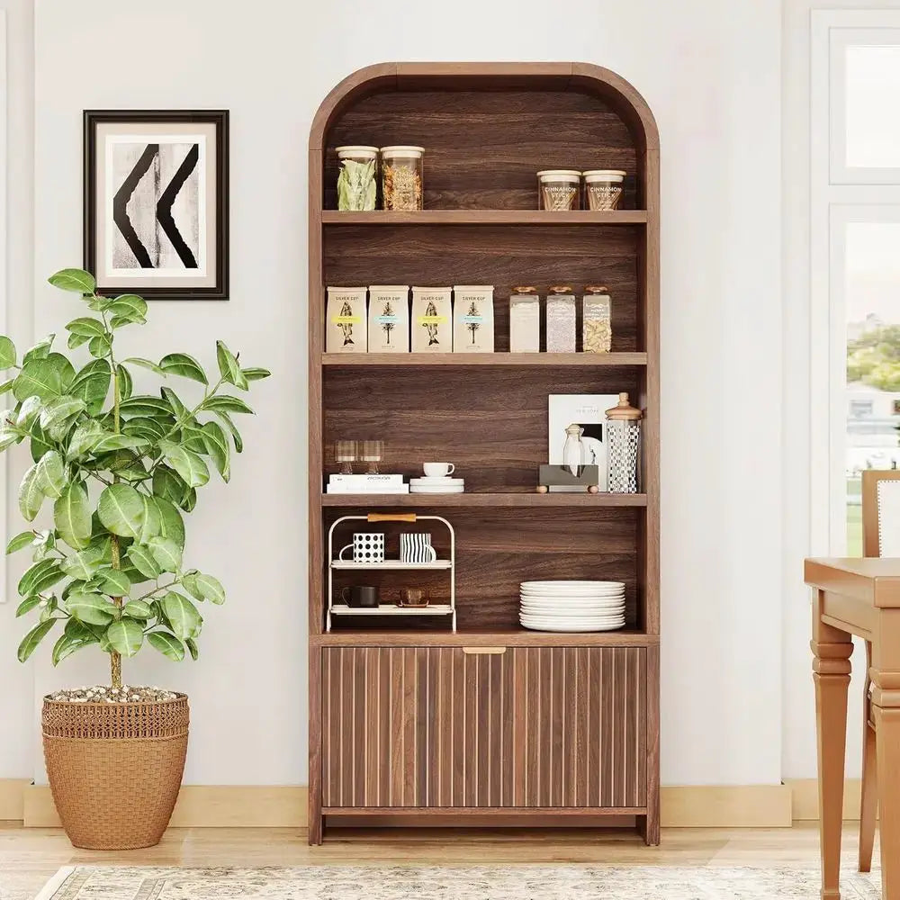 70 Tall 5-Tier Walnut Arched Bookshelf with Carved Details, Ideal for Display and Storage in Living Room, Bedroom or Home Office from PriceLows™